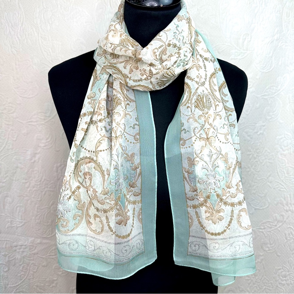 Talbots VTG NWT Pastel Aqua Neutral Scroll Oblong Scarf